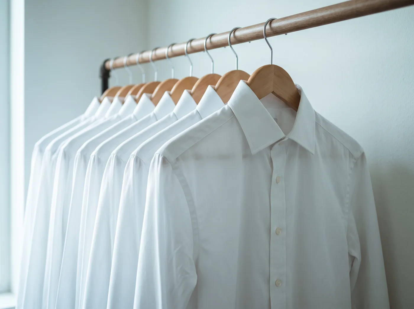 Freshly pressed shirts on a garment rail